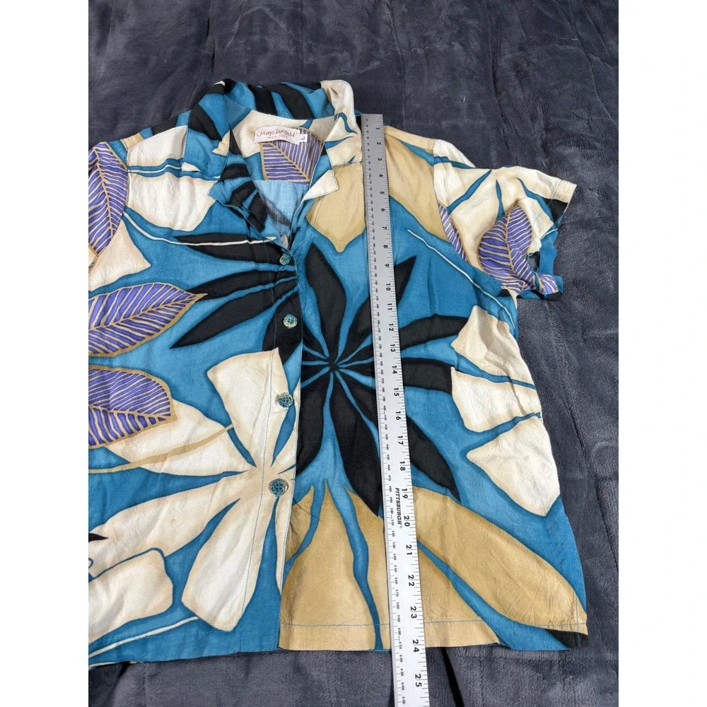 Jams‎ World Womens Large Blue Purple Tropical Leaf Button Up Shirt Rayon Aloha